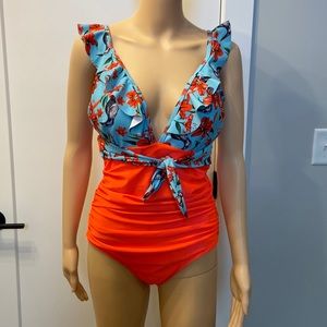 Floral and bird print one-piece swimsuit